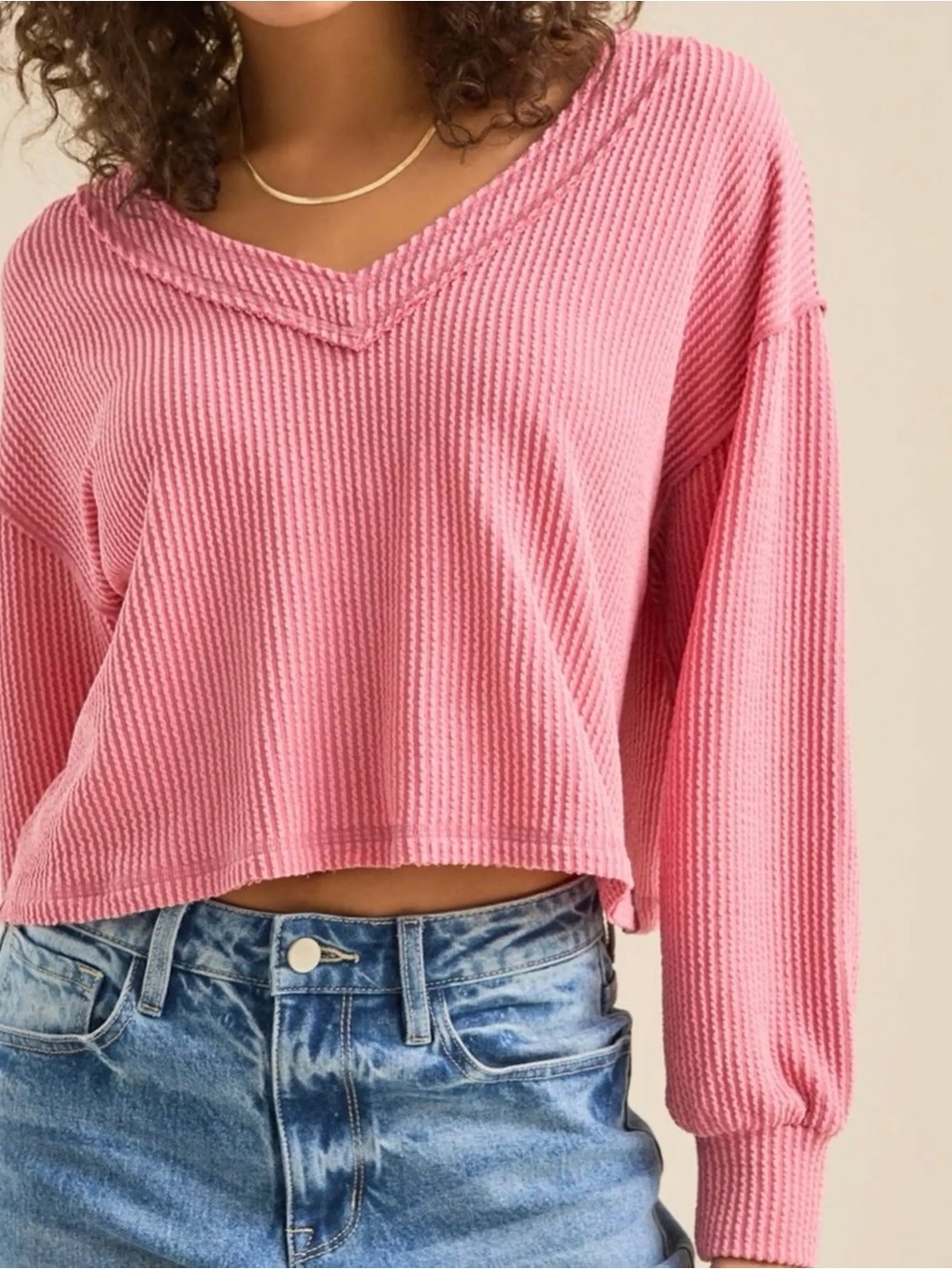 Altar'd State Rose Pink V-Neck Waffle Crop Top